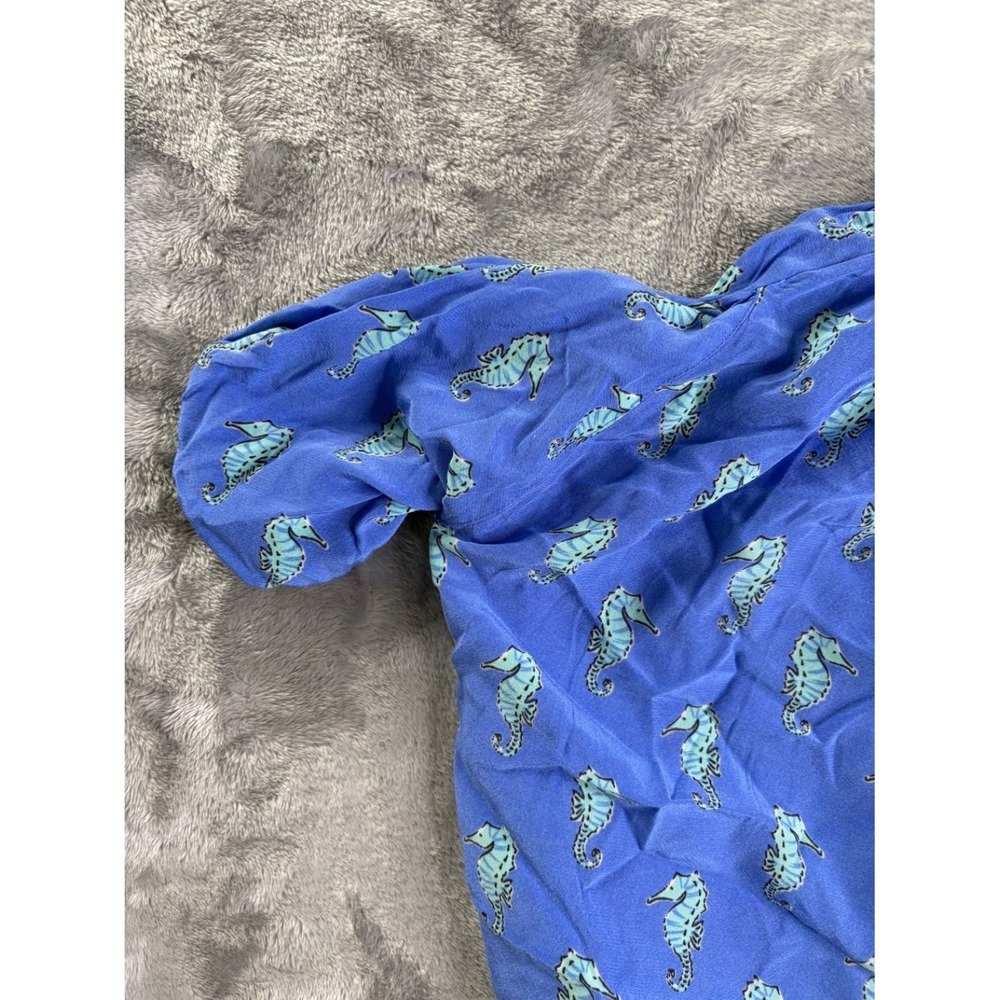 Kate Spade Seahorse Print Silk Dress Womens XXS Blue Smocked Waist Fit & Flare - Picture 6 of 8